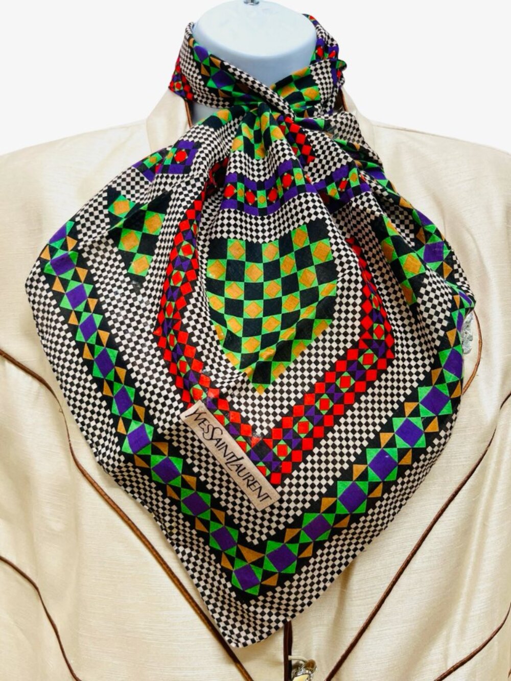 Yves Saint Laurent Mini Scarf/HandkerCotton, 21" green  red black check(13